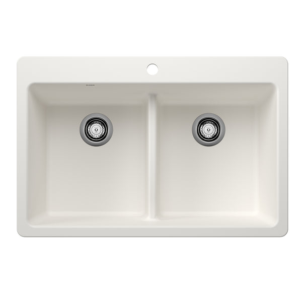 Blanco Liven 33" Dual Mount Silgranit Kitchen Sink, 50/50 Double Bowl, White, 1 Faucet Hole, 443205