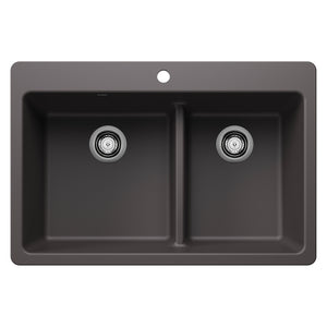 Alternate Image for Blanco Liven 33" Dual Mount Silgranit Kitchen Sink, 60/40 Double Bowl, Cinder, 1 Faucet Hole, 443212