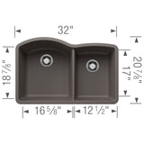 Blanco Diamond 32" Undermount Silgranit Kitchen Sink, 60/40 Double Bowl, Volcano Gray, No Faucet Hole, 443101