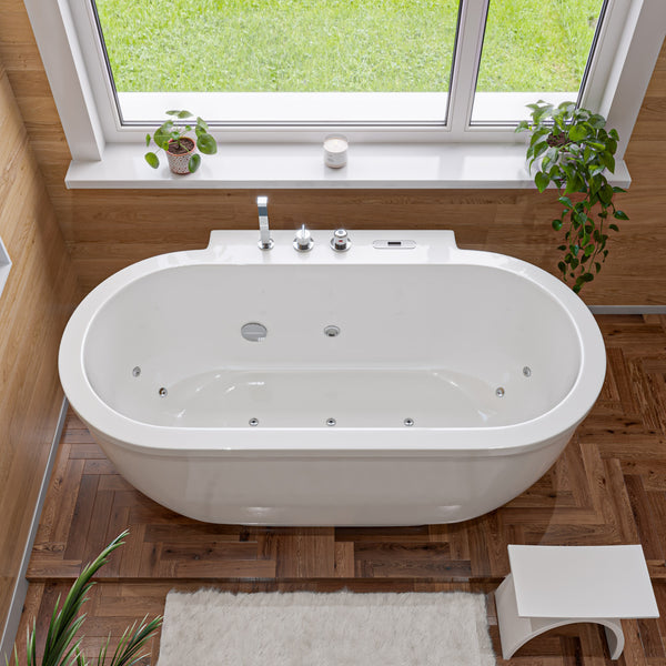 Eago 71" Acrylic Free Standing Oval Bathtub with Fixtures, White, AM128ETL