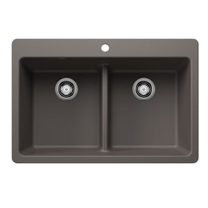 Alternate Image for Blanco Liven 33" Dual Mount Silgranit Kitchen Sink, 50/50 Double Bowl, Volcano Gray, 1 Faucet Hole, 443208