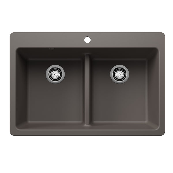 Blanco Liven 33" Dual Mount Silgranit Kitchen Sink, 50/50 Double Bowl, Volcano Gray, 1 Faucet Hole, 443208