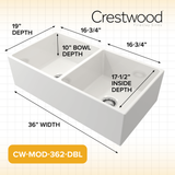 Crestwood 36" Fireclay Farmhouse Sink 50/50 Double Bowl, White, CW-MOD-362-DBL-WHITE