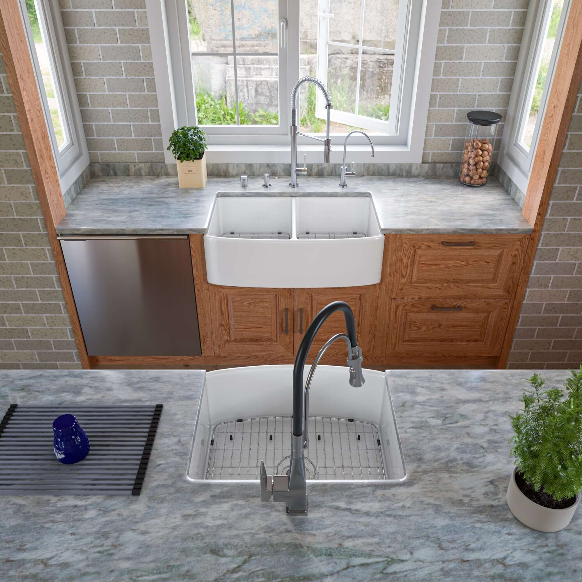 ALFI brand 24" Fireclay Farmhouse Sink with Accessories, White, ABFC2420-W