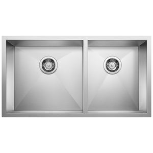 Alternate Image for Blanco Quatrus 33" Undermount Stainless Steel Kitchen Sink, 60/40 Double Bowl, Satin Polish, 18 Gauge, No Faucet Hole, 443054
