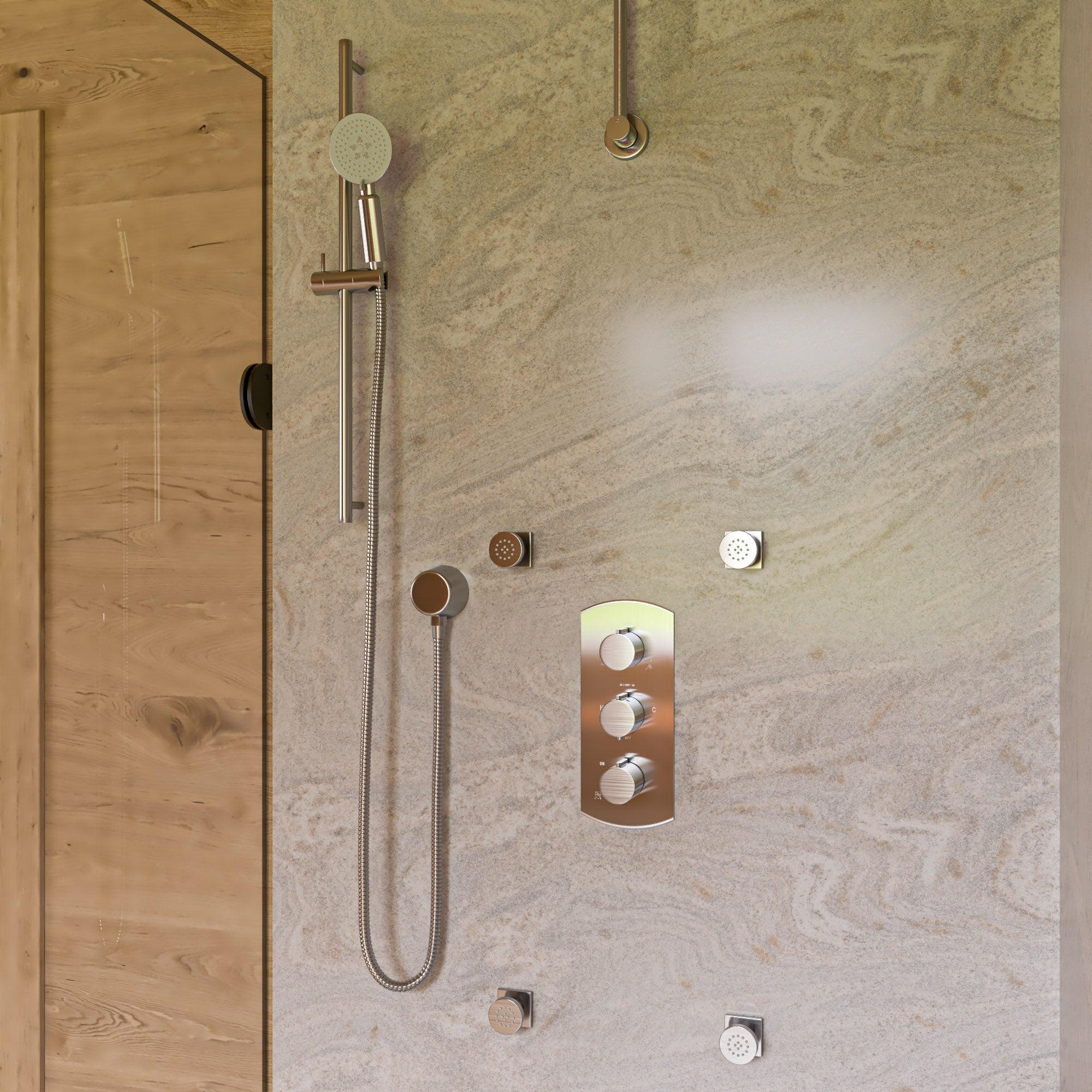 ALFI brand AB4101-BN Brushed Nickel Concealed 4-Way Thermostatic Valve Shower Mixer /w Round Knobs, Brass
