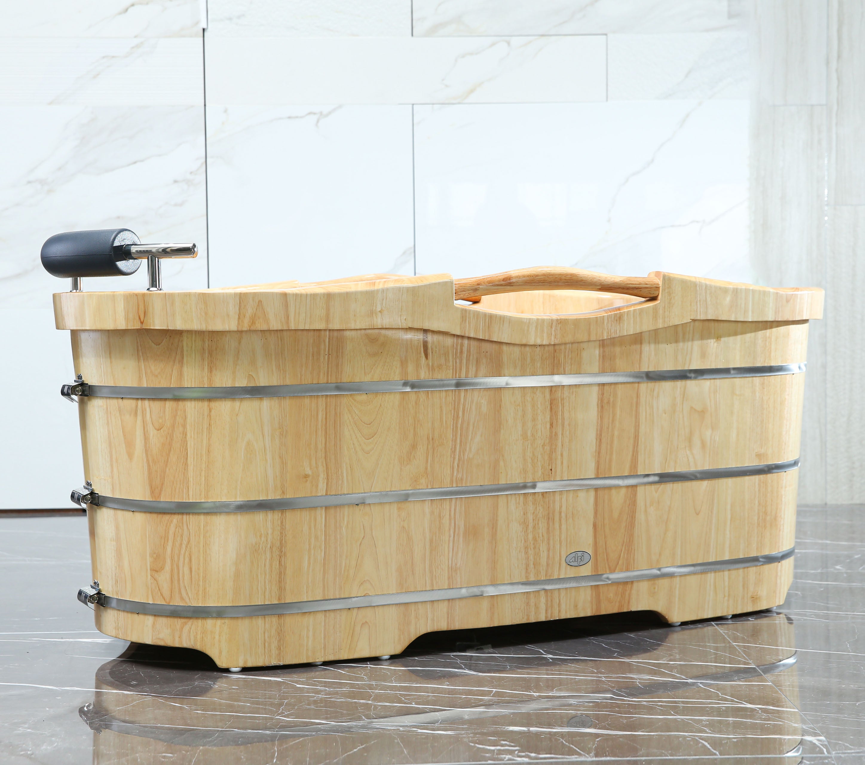 ALFI brand 61" Rubber Wood Free Standing Oval Bathtub with Cushion Headrest, Natural Wood, AB1163