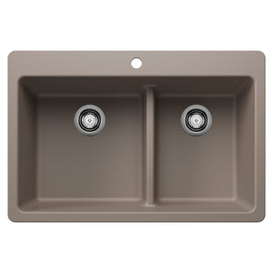Alternate Image for Blanco Liven 33" Dual Mount Silgranit Kitchen Sink, 60/40 Double Bowl, Truffle, 1 Faucet Hole, 443214