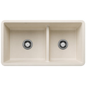 Alternate Image for Blanco Precis 33" Undermount Silgranit Kitchen Sink, 60/40 Double Bowl, Soft White, No Faucet Hole, 443080