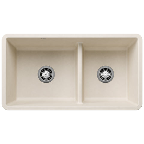 Blanco Precis 33" Undermount Silgranit Kitchen Sink, 60/40 Double Bowl, Soft White, No Faucet Hole, 443080