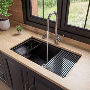 Alternate Image for ALFI brand 34" Under Mount Granite Composite Workstation Kitchen Sink with Accessories, Black, No Faucet Hole, AB3418SBUM-BLA