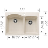 Blanco Diamond 33" Dual Mount Silgranit Kitchen Sink, 60/40 Double Bowl, Soft White, 1 Faucet Hole, 443063