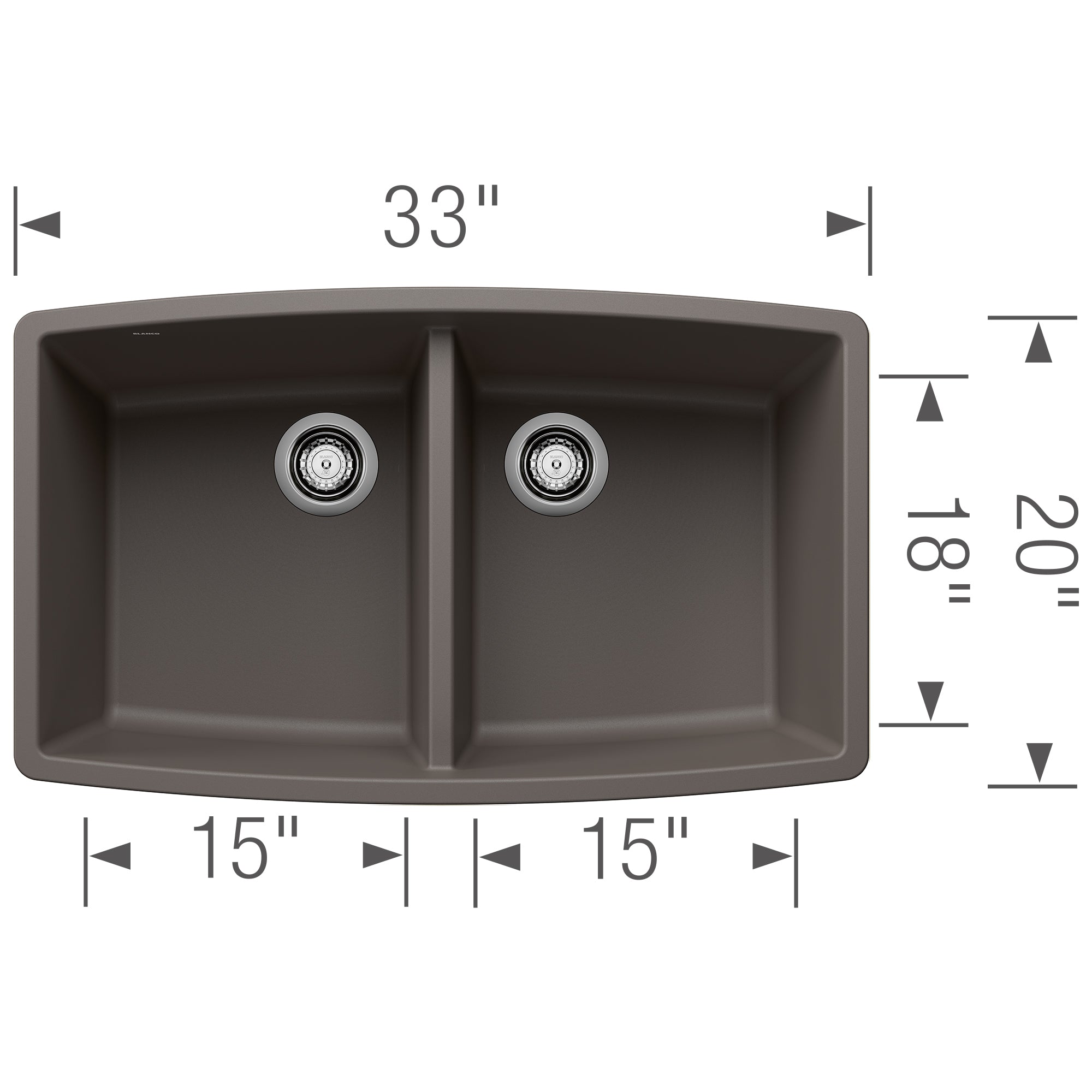 Blanco Performa 33" Undermount Silgranit Kitchen Sink, 50/50 Double Bowl, Volcano Gray, No Faucet Hole, 443123