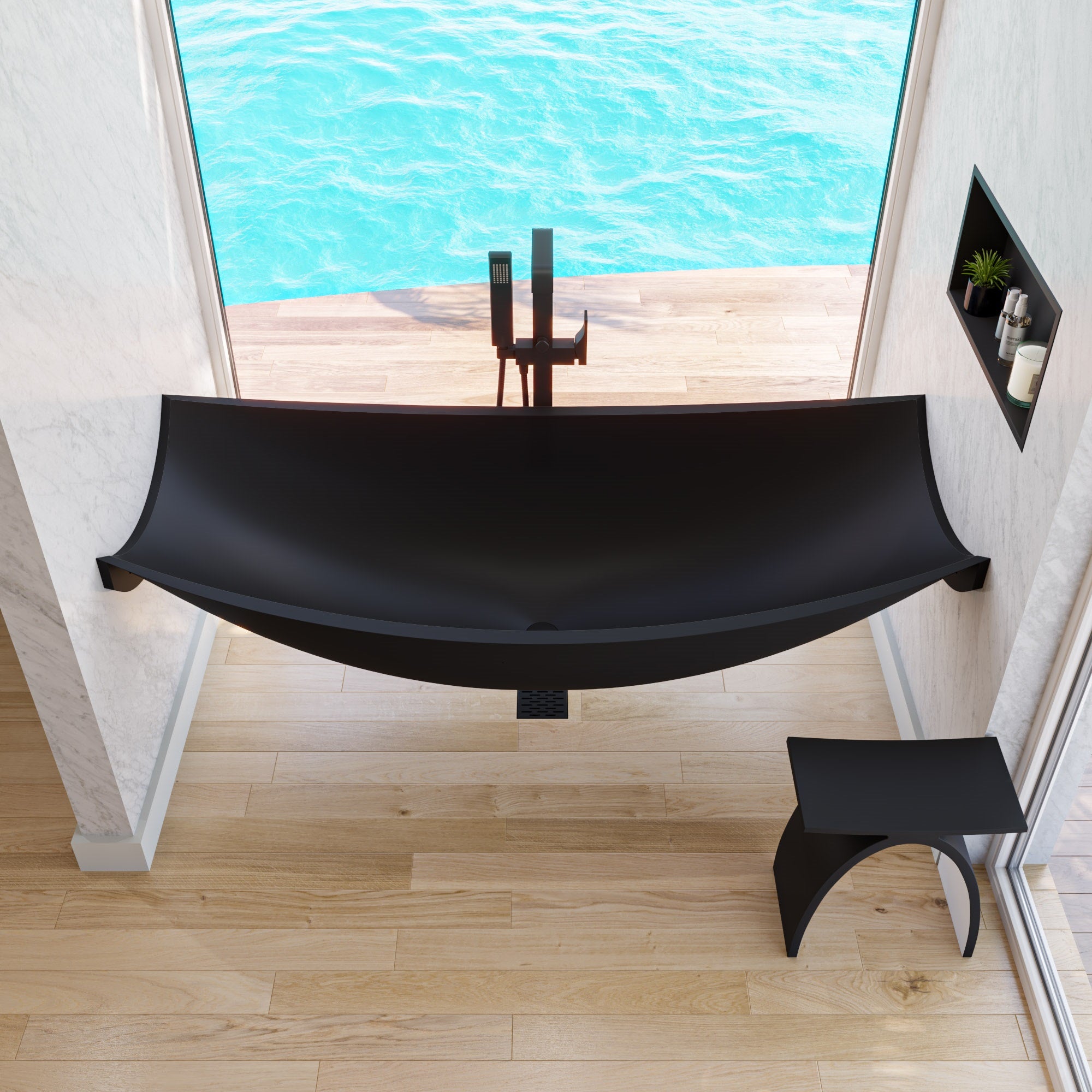 ALFI brand 71" Solid Surface Resin Free Standing Oval Bathtub, Black Matte, HammockTub2-BM