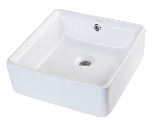 Eago 15" x 15" Square Above Mount Porcelain Bathroom Sink, White, No Faucet Hole, BA130