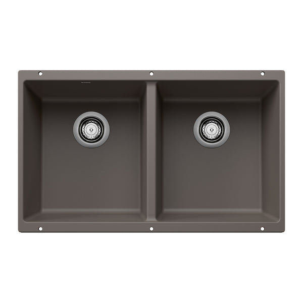 Blanco Precis 30" Undermount Silgranit Kitchen Sink, 50/50 Double Bowl, Volcano Gray, No Faucet Hole, 527410