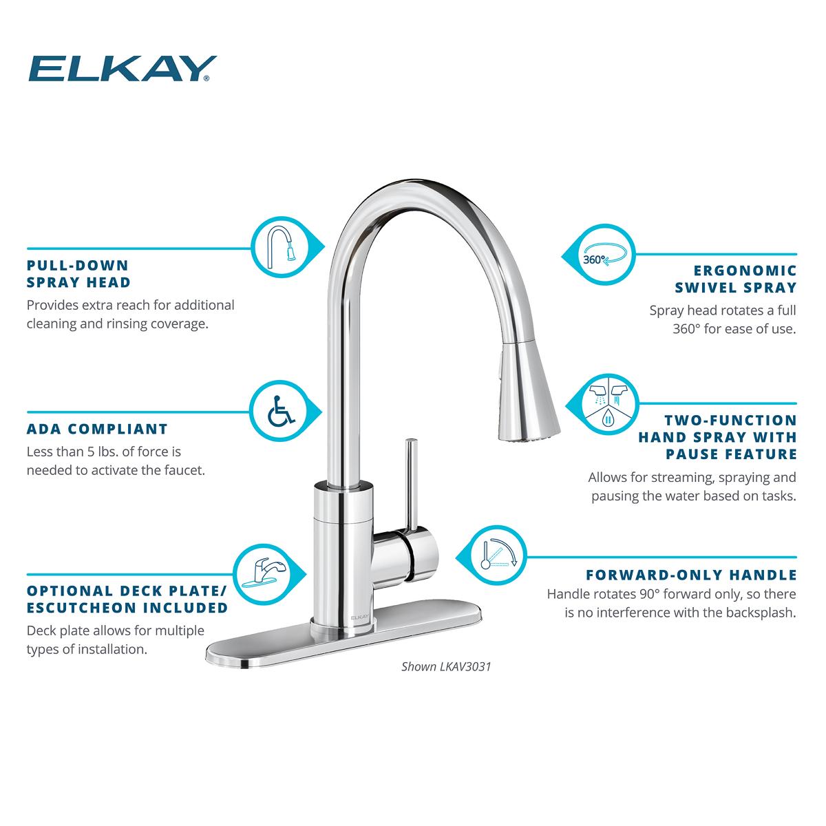 Elkay Avado Forward Only Lever Handle Pull-down Spray Spout Brass ADA Kitchen Faucet, Chrome, LKAV3031CR