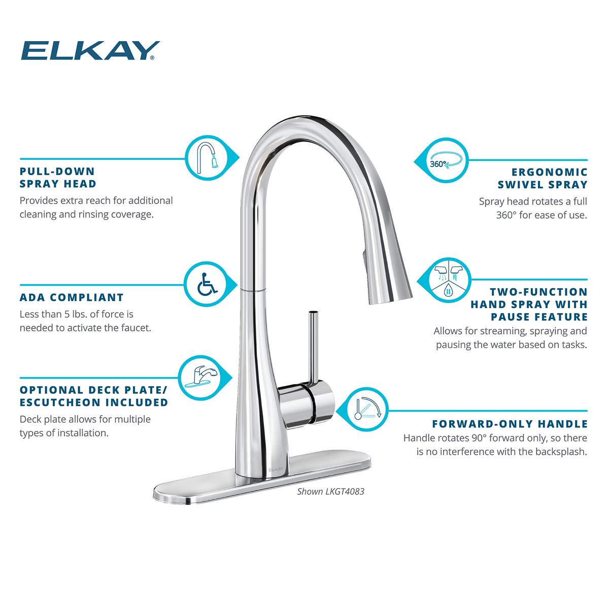 Elkay Forward Only Lever Handle Pull-down Spray Spout Brass ADA Kitchen Faucet, Chrome, LKGT4083CR