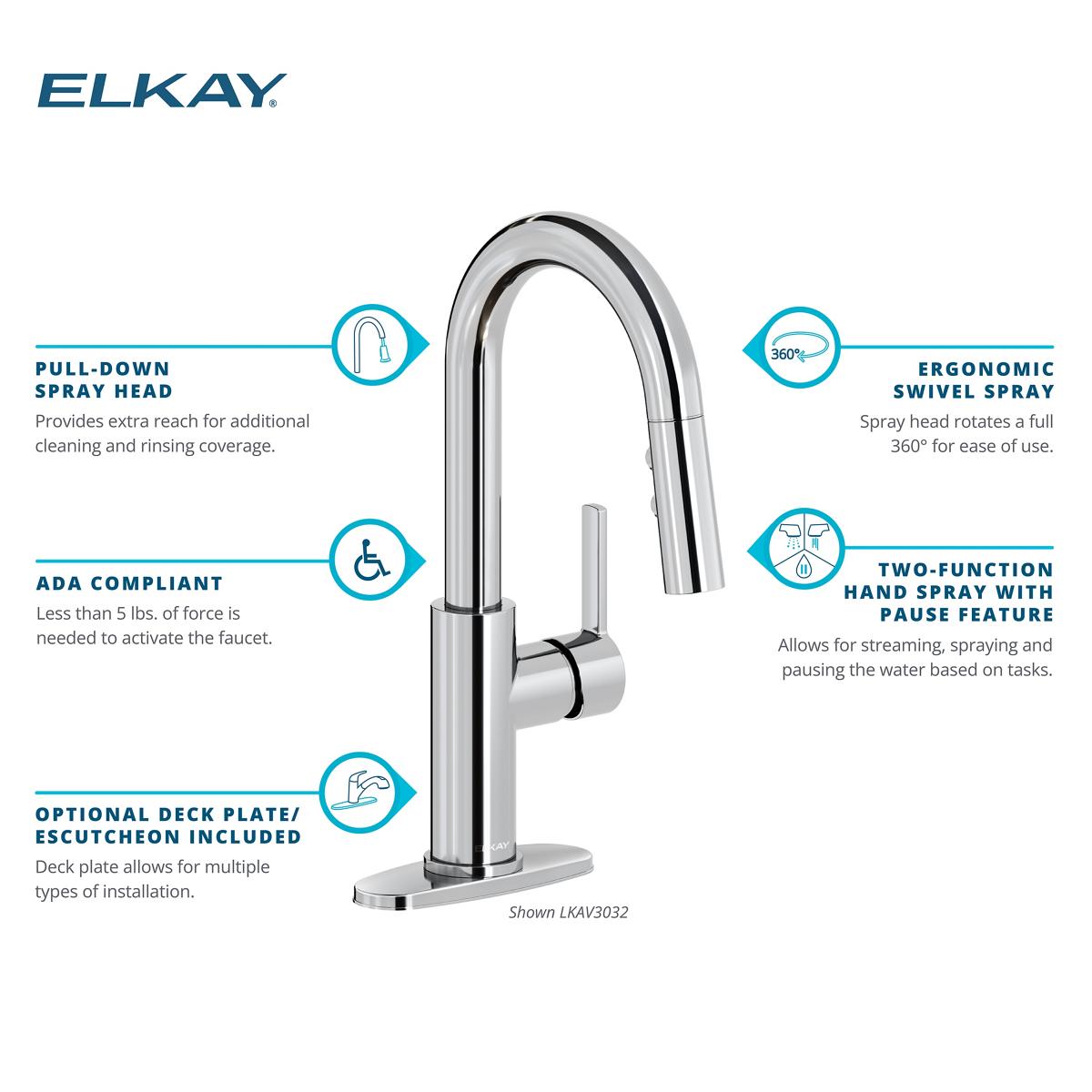 Elkay Avado Lever Handle Pull-down Spray Spout Brass ADA Bar Faucet, Black Stainless, LKAV3032BK