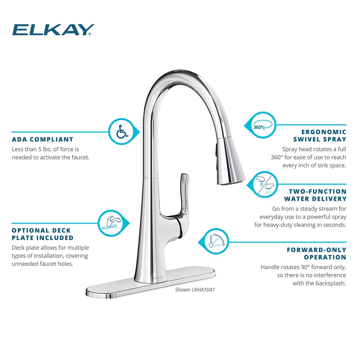 Elkay Harmony Forward Only Lever Handle Pull-down Spray Spout Brass ADA Kitchen Faucet, Lustrous Steel, LKHA1041LS