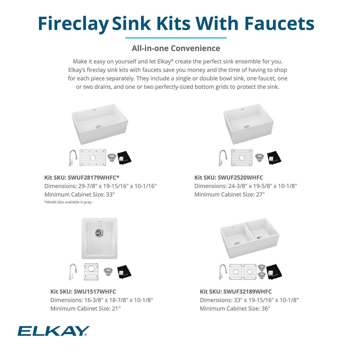 Elkay 33" Fireclay Farmhouse Sink Kit, 50/50 Double Bowl, White, SWUF32189WHC