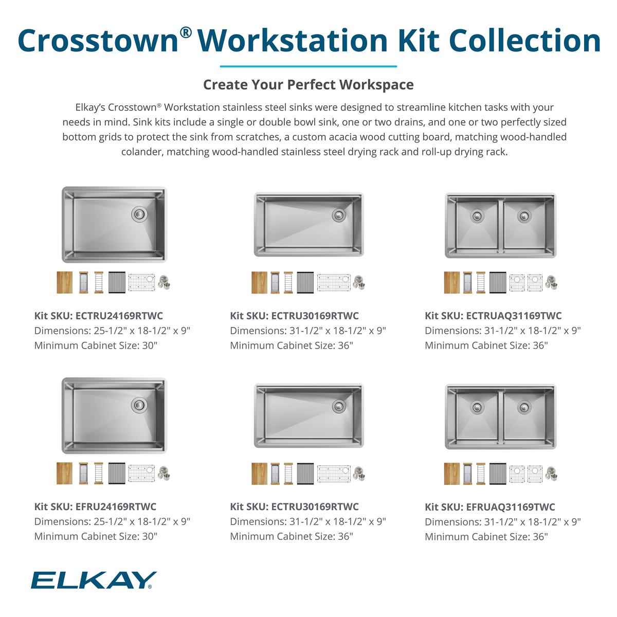 Elkay Crosstown 32" Undermount Stainless Steel Workstation Kitchen Sink Kit with Accessories, Single Bowl, Polished Satin, 18 Gauge, ECTRU30169RTWC