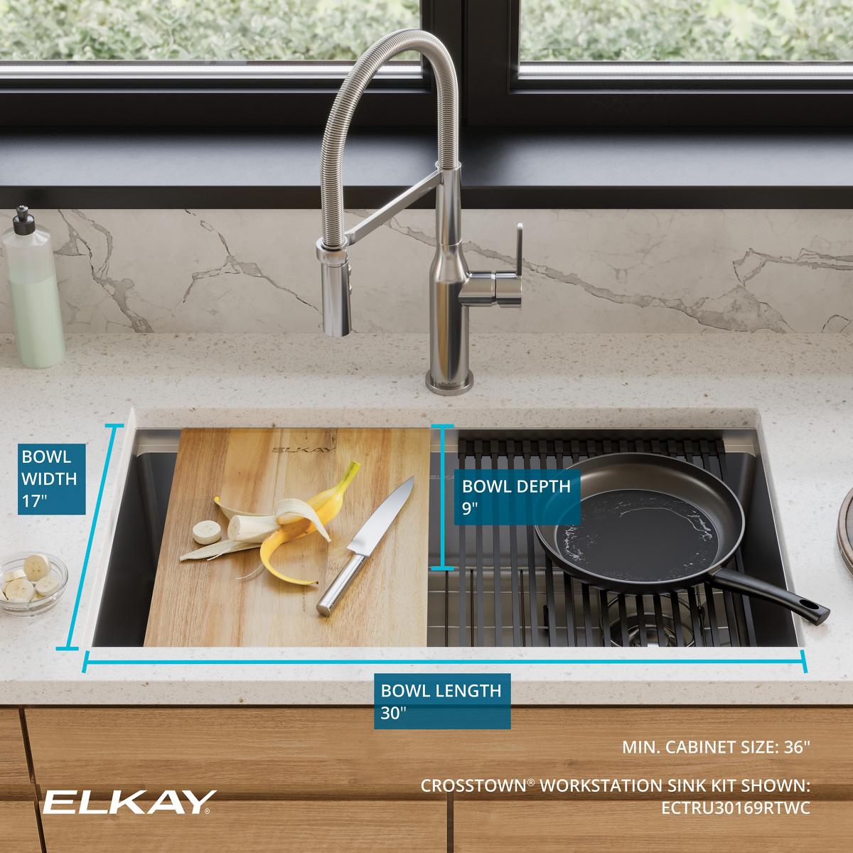 Elkay Crosstown 32" Undermount Stainless Steel Workstation Kitchen Sink Kit with Accessories, Single Bowl, Polished Satin, 18 Gauge, ECTRU30169RTWC
