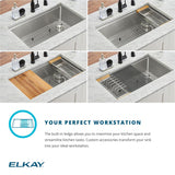Elkay Crosstown 32" Undermount Stainless Steel Workstation Kitchen Sink Kit with Accessories, 50/50 with Aqua Divide Double Bowl, Polished Satin, 16 Gauge, EFRUAQ31169TWC