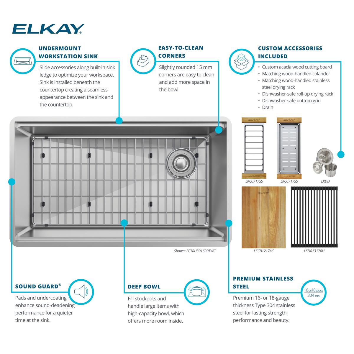 Elkay Crosstown 32" Undermount Stainless Steel Workstation Kitchen Sink Kit with Accessories, Single Bowl, Polished Satin, 18 Gauge, ECTRU30169RTWC
