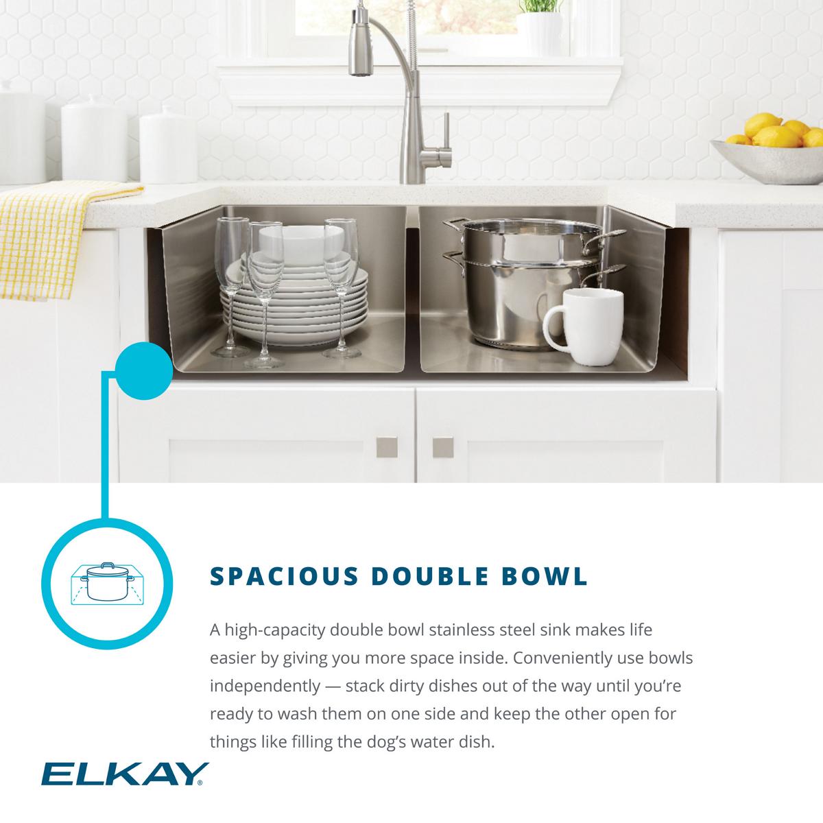 Elkay Crosstown 32" Undermount Stainless Steel Kitchen Sink with Faucet, 50/50 Double Bowl, Polished Satin, 18 Gauge, ECTRU31179TFMC