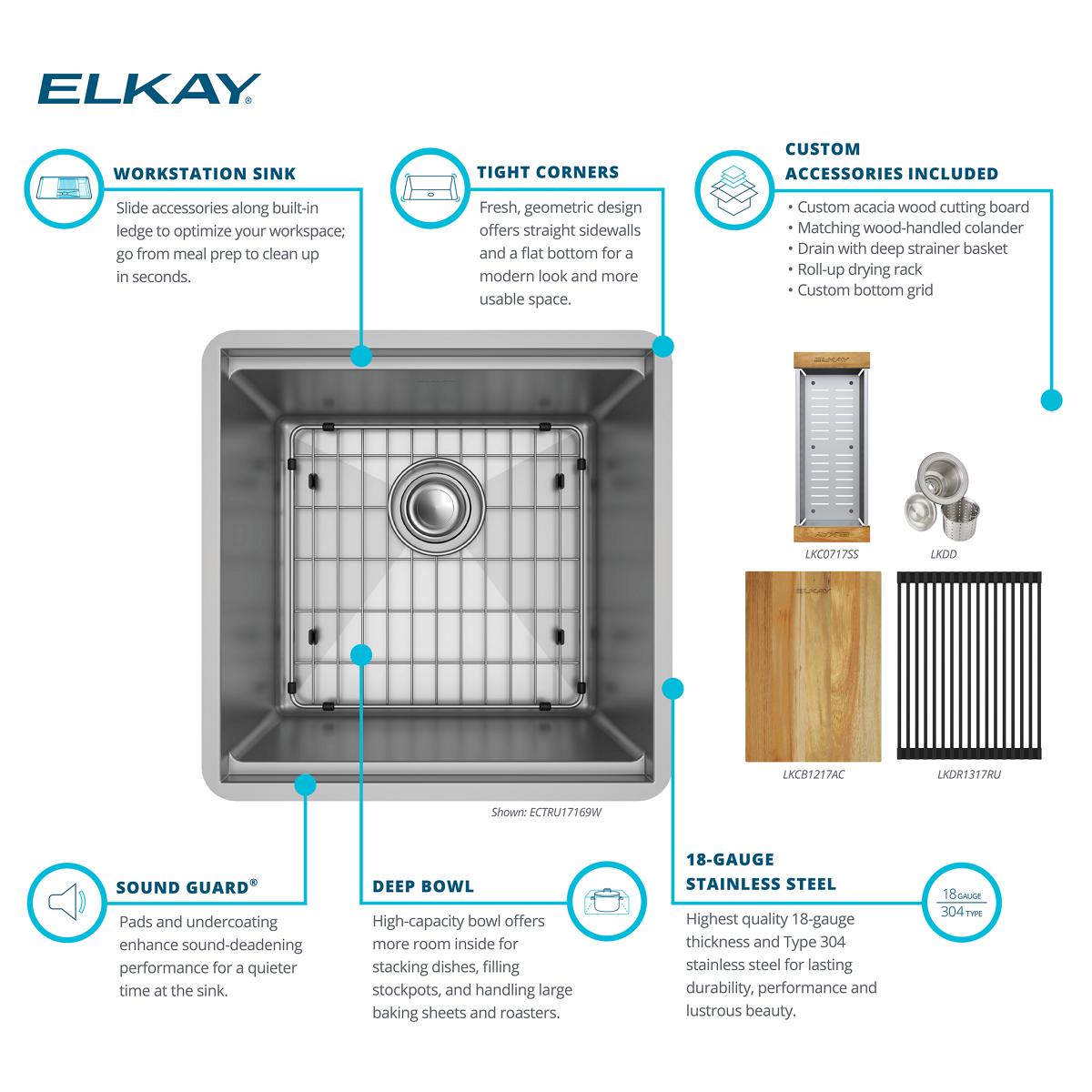 Elkay Crosstown 19" Rectangle Stainless Steel Workstation Bar/Prep Sink with Accessories, Polished Satin, 18 Gauge, ECTRU17169W