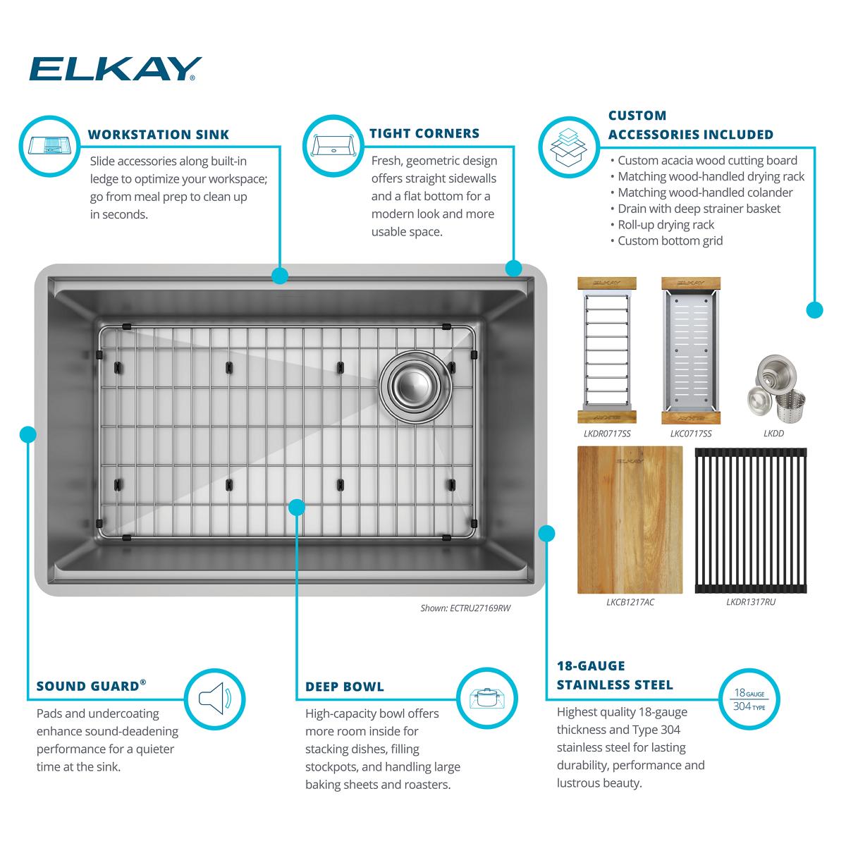 Elkay Crosstown 29" Undermount Stainless Steel Workstation Kitchen Sink with Accessories, Polished Satin, 18 Gauge, ECTRU27169RW