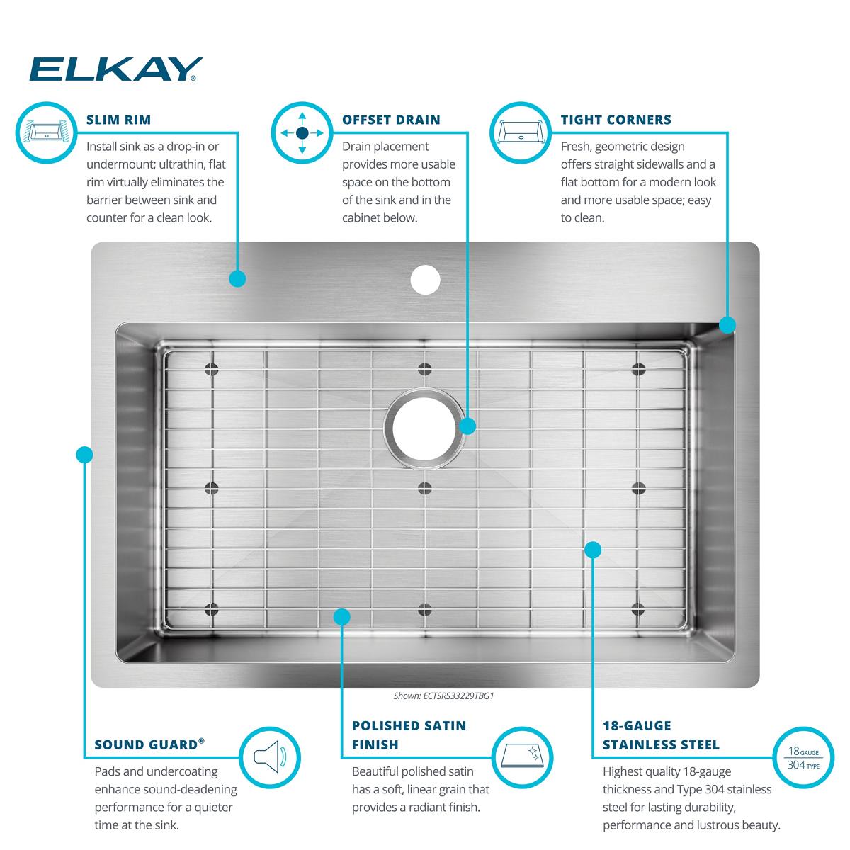 Elkay Crosstown 33" Dual Mount Stainless Steel Kitchen Sink Kit with Faucet, Custom Faucet Holes, ECTSRS33229TFGB