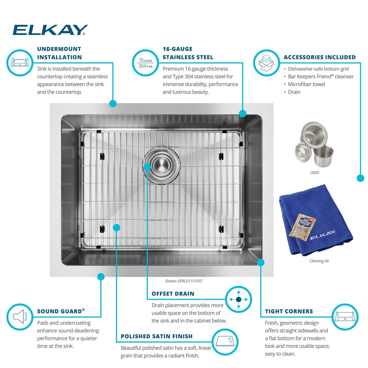 Elkay Crosstown 24" Undermount Stainless Steel Kitchen Sink Kit with Faucet, 16 Gauge, EFRU211510TFG