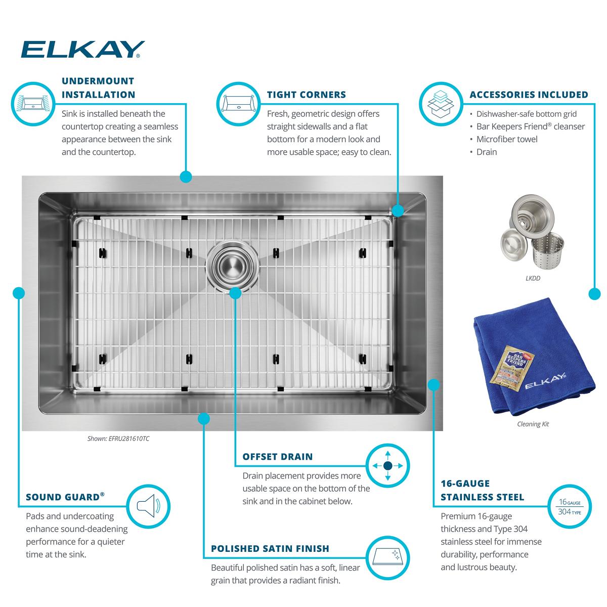Elkay Crosstown 31" Undermount Stainless Steel Kitchen Sink Kit with Faucet, 16 Gauge, EFRU281610TFG