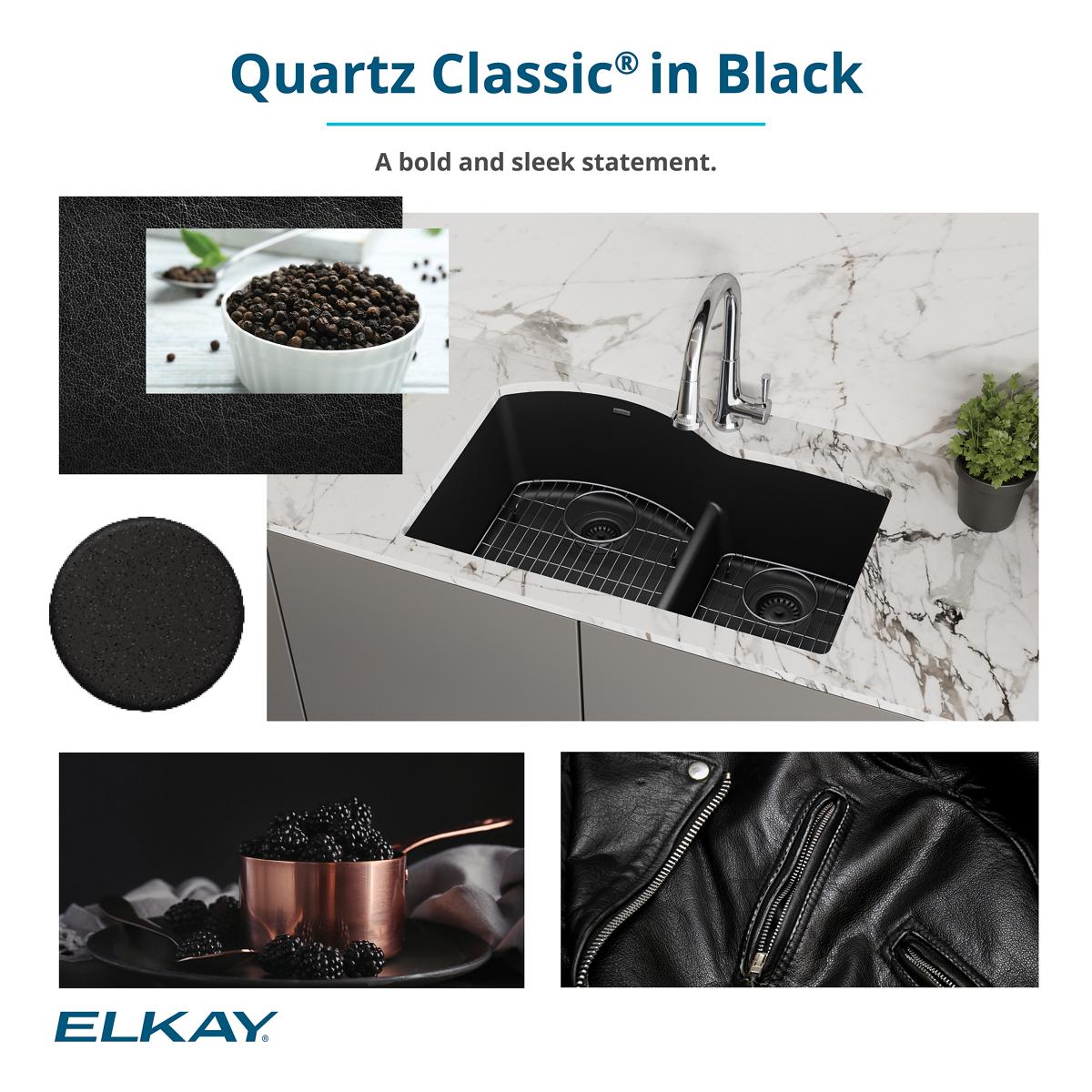 Elkay Quartz Classic 33" Undermount Quartz Kitchen Sink Kit, 50/50 Double Bowl, Black, ELGU3322BK0C