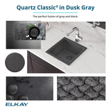 Elkay Quartz Classic 33" Drop In/Topmount Quartz Kitchen Sink, Dusk Gray, 5 Pre-scored Faucet Holes, ELGR13322GY0