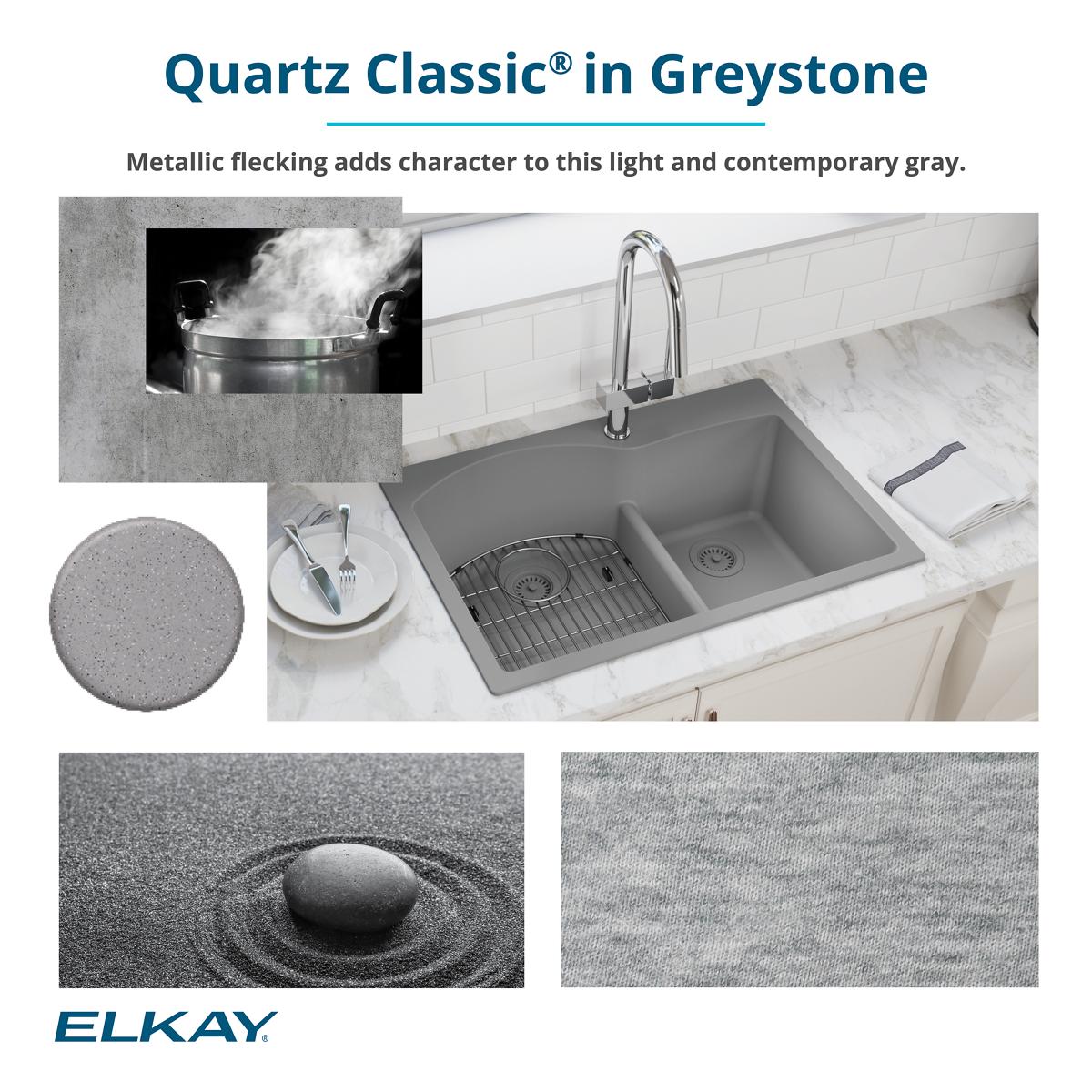 Elkay Quartz Classic 33" Undermount Quartz Kitchen Sink, 60/40 Double Bowl, Greystone, ELGULBO3322GS0