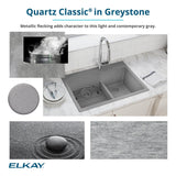 Elkay Quartz Classic 18" Dual Mount Quartz Kitchen Sink, 50/50 Double Bowl, Greystone, ELG16FBGS0