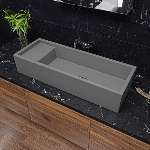 Main Image of ALFI brand 39.4" x 14.6" Rectangle Above Mount or Semi Recessed Fireclay Bathroom Sink, Gray Matte, No Faucet Hole, AB39TRGM