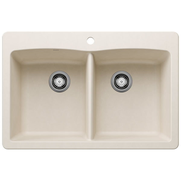 Blanco Diamond 33" Dual Mount Silgranit Kitchen Sink, 50/50 Double Bowl, Soft White, 1 Faucet Hole, 443067