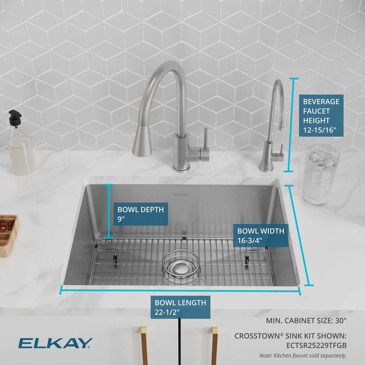 Elkay Crosstown 25" Dual Mount Stainless Steel Kitchen Sink Kit with Faucet, Custom Faucet Holes, ECTSR25229TFGB