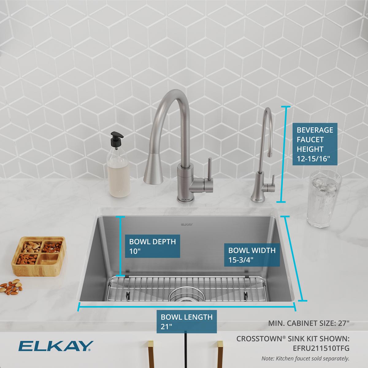 Elkay Crosstown 24" Undermount Stainless Steel Kitchen Sink Kit with Faucet, 16 Gauge, EFRU211510TFG