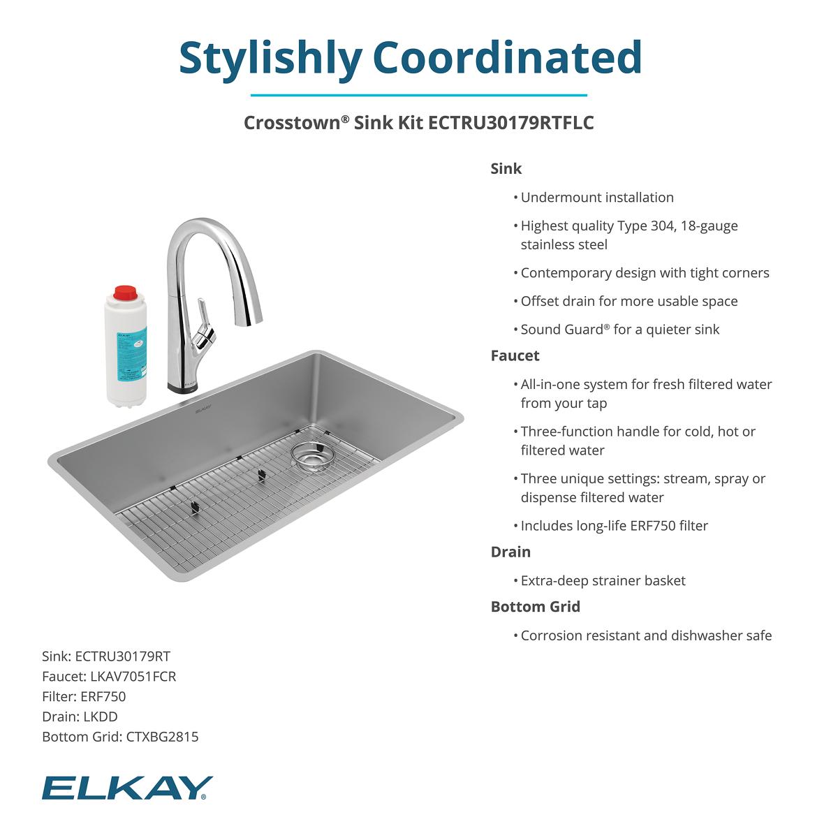 Elkay Crosstown 32" Undermount Stainless Steel Kitchen Sink Kit with Faucet, Single Bowl 18 Gauge, ECTRU30179RTFLC