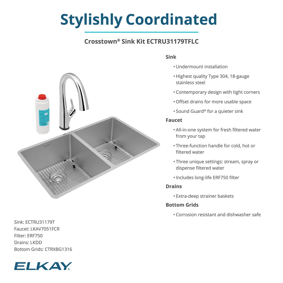 Elkay Crosstown 32" Undermount Stainless Steel Kitchen Sink Kit with Faucet, 50/50 Double Bowl, 18 Gauge, ECTRU31179TFLC