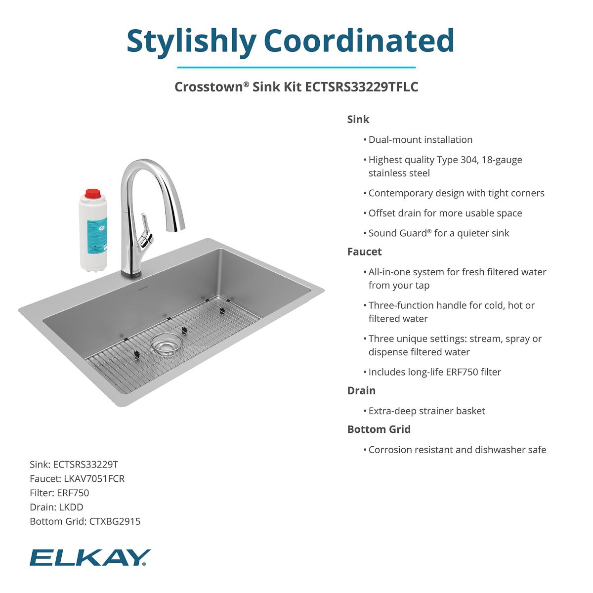 Elkay Crosstown 33" Dual Mount Stainless Steel Kitchen Sink Kit with Faucet, Single Bowl 18 Gauge, ECTSRS33229TFLC