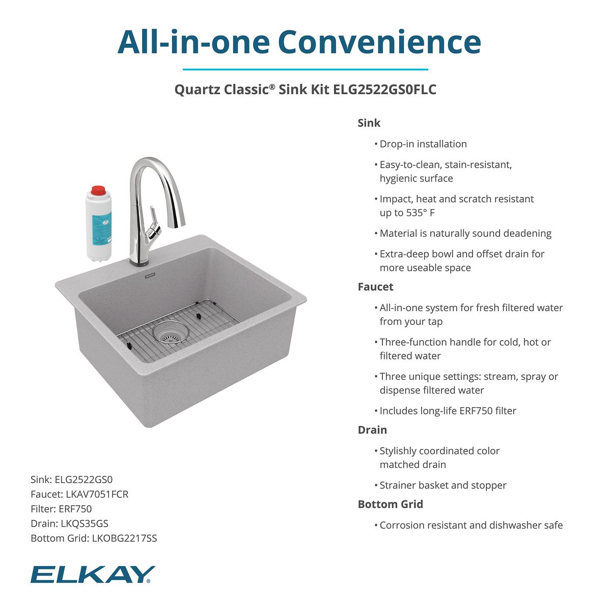 Elkay Quartz Classic 25" Drop In/Topmount Quartz Kitchen Sink Kit with Faucet, Single Bowl Greystone, 5 Pre-scored Faucet Holes, ELG2522GS0FLC