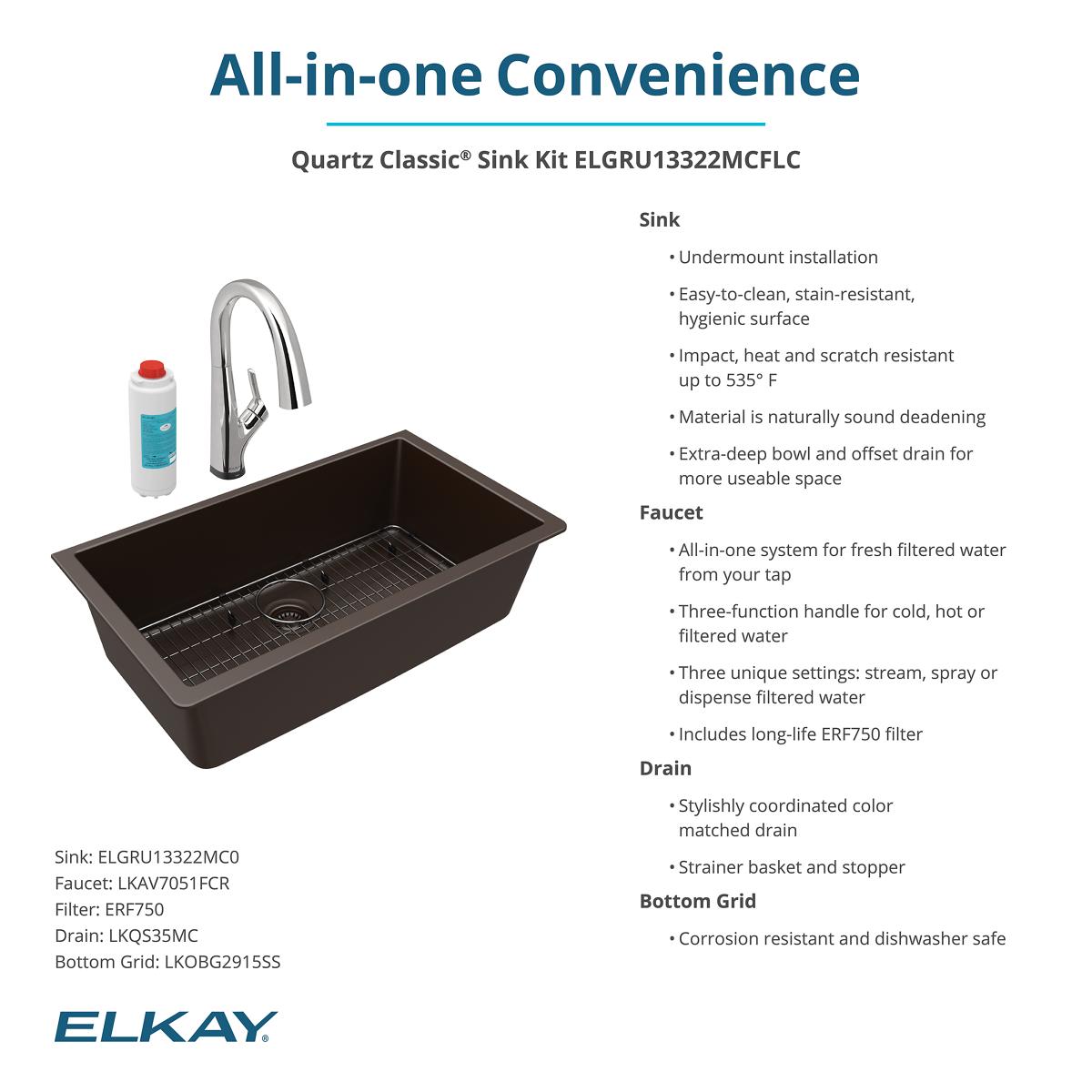 Elkay Quartz Classic 33" Undermount Quartz Kitchen Sink Kit with Faucet, Single Bowl Mocha, ELGRU13322MCFLC