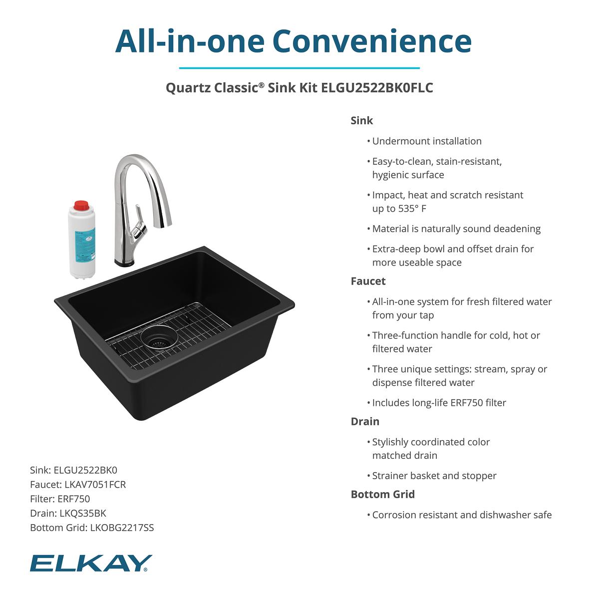 Elkay Quartz Classic 25" Undermount Quartz Kitchen Sink Kit with Faucet, Single Bowl Black, ELGU2522BK0FLC