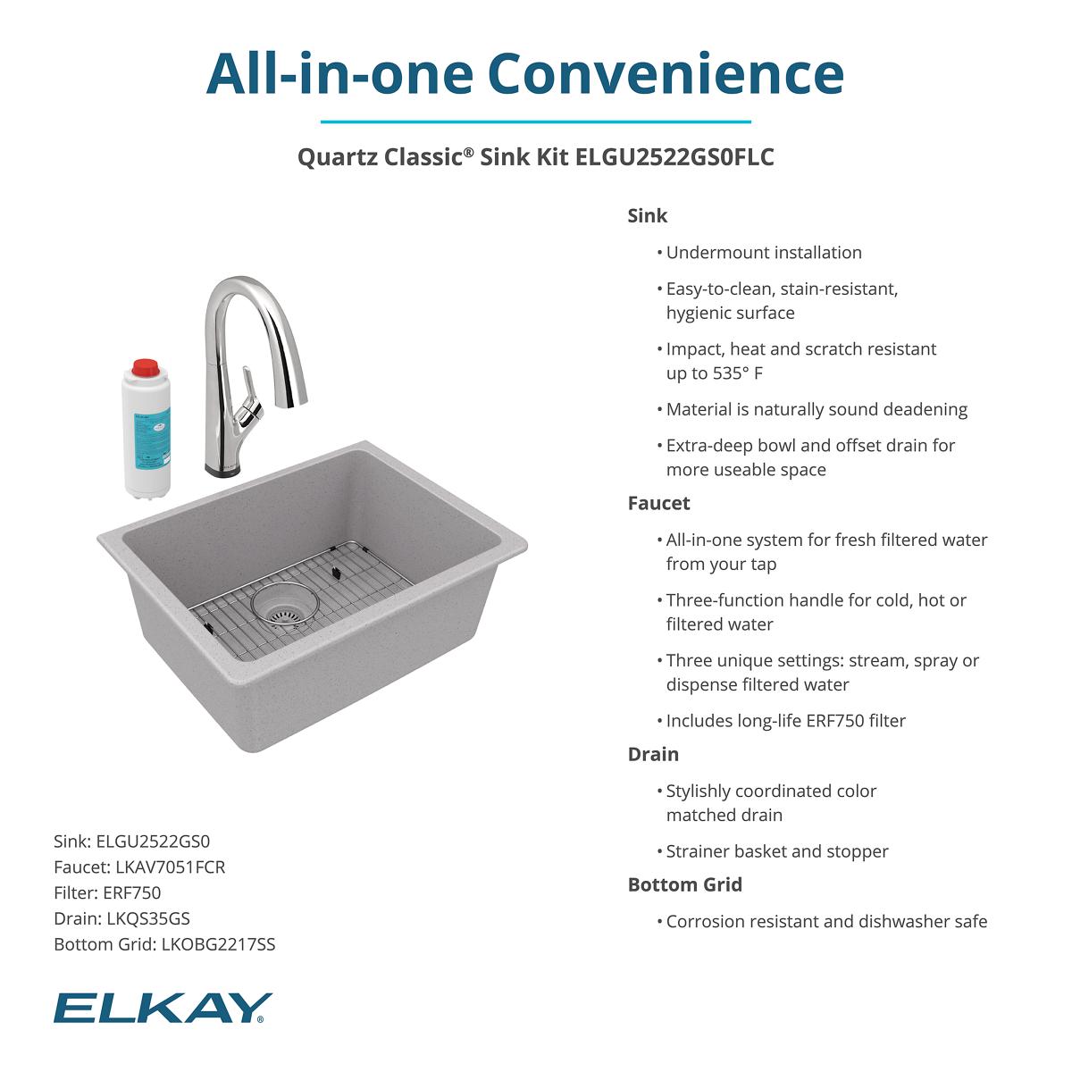 Elkay Quartz Classic 25" Undermount Quartz Kitchen Sink Kit with Faucet, Single Bowl Greystone, ELGU2522GS0FLC